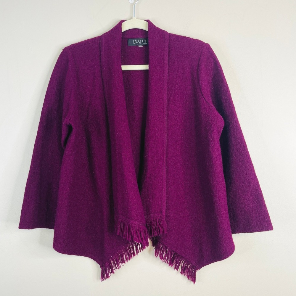 Kasper Wool Fringe Cardigan Womens Large Petite Berry Open Chic Layering Jacket